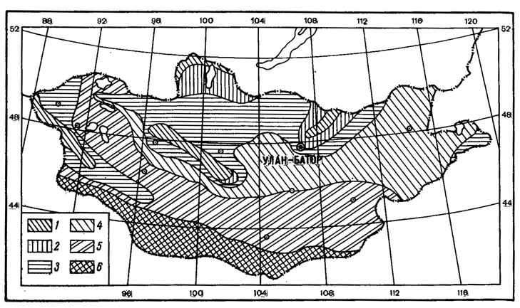Рис. 1. Схематическая карта зон и поясов растительности Монголии. (По: Юнатов, 1950). 1 - высокогорный пояс; 2 - горно-таежный пояс; 3 - пояс горных степей и леса; 4 - зона степей; 5 - зона пустынных степей; 6 - зона пустынь