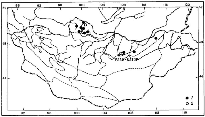 Рис. 17. Распространение на территории Монголии Nephroma helveticum Ach. (I) и N. isidiosum Ach. (2). (Ориг.)
