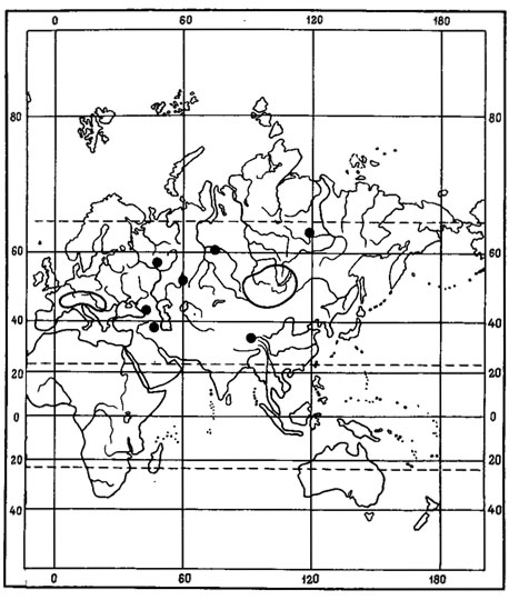 Рис. 18. Распространение на земном шаре Cetraria laureri Krempelh. (По: Макаревич, 1968)