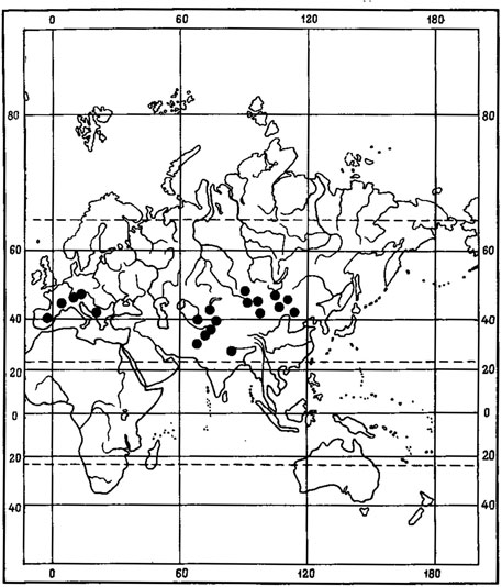 Рис. 36. Распространение на земном шаре Lecidea paratropoides Mull. Arg. (По: Hertel, 1977)