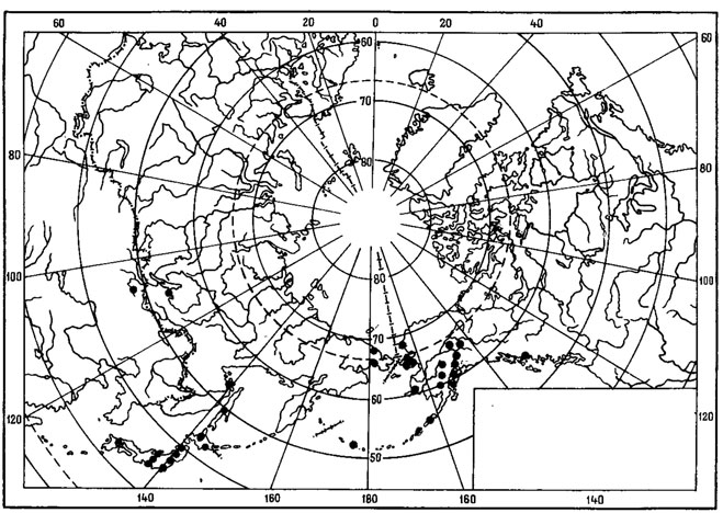 Рис. 37. Распространение на земном шаре Cladonia kanewskii Oxn. (По: Ahti, 1973; Ahti, Brodo, 1981, с дополнениями автора)